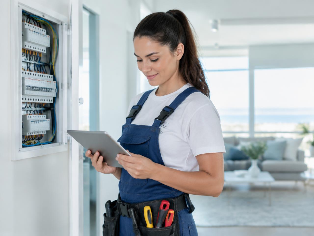 A verified BlueLink electrician checking a job on a tablet